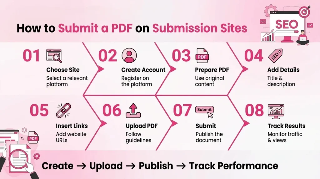 PDF submission process showing steps to choose a site, create an account, prepare and upload PDFs, add links, submit content, and track results.