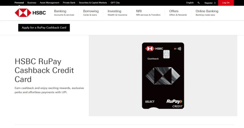 Best RuPay Credit Card - HSBC RuPay Cashback Credit Card
