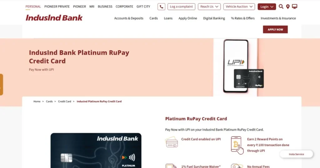 Best RuPay Credit Card - IndusInd Bank Platinum RuPay Credit Card