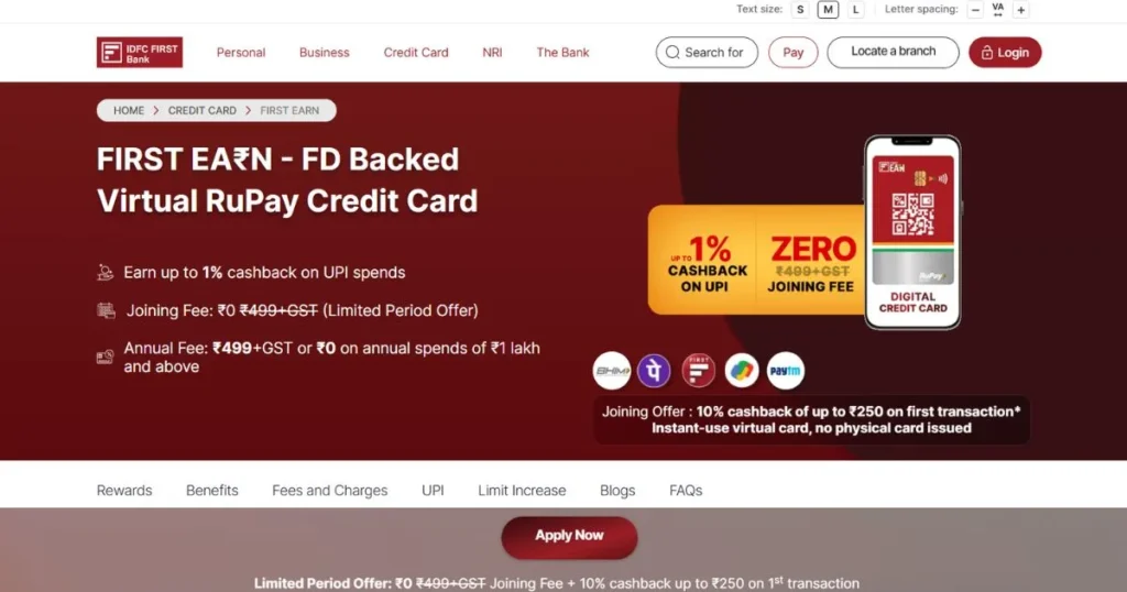 Best UPI Credit Card - IDFC FIRST EA₹N RuPay Credit Card