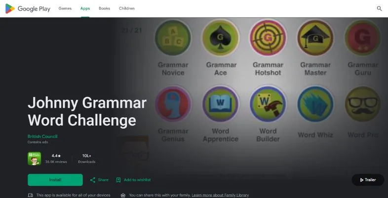 English Learning App for Kids - Johnny Grammar Word Challenge