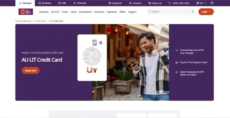 Top 10 Lifetime Free Credit Card in India - AU Small Finance Bank LIT Credit Card