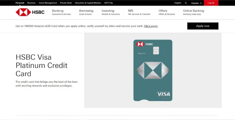 Top 10 Lifetime Free Credit Card in India - HSBC Visa Platinum Credit Card